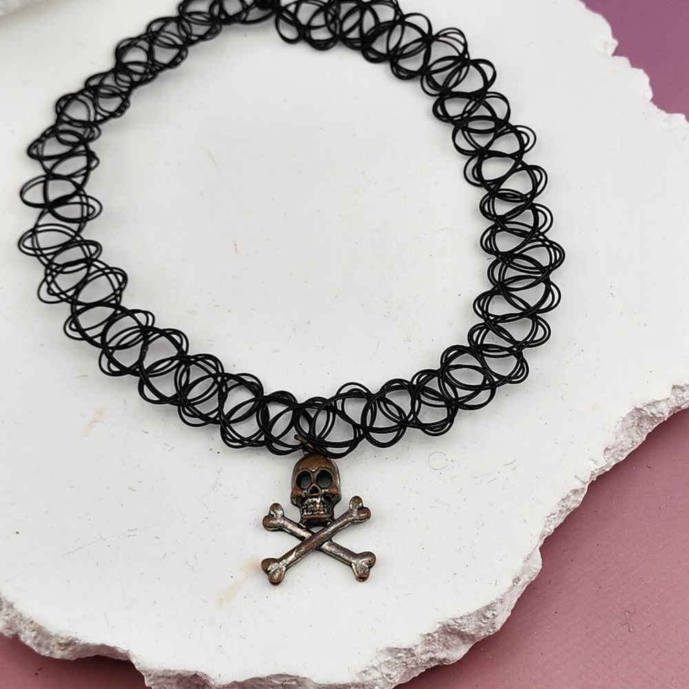 Black Tattoo Choker Necklace Skull Crossbones Pendant Gothic Punk Stretch Y2K